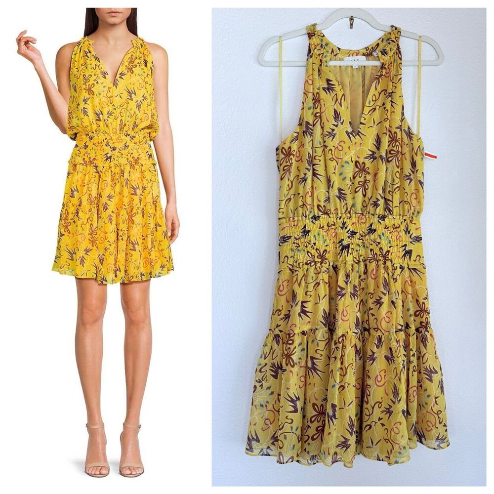NWT A.L.C. Courtney 100% Silk Floral Sleeveless Mini Dress in Yellow Size 6
